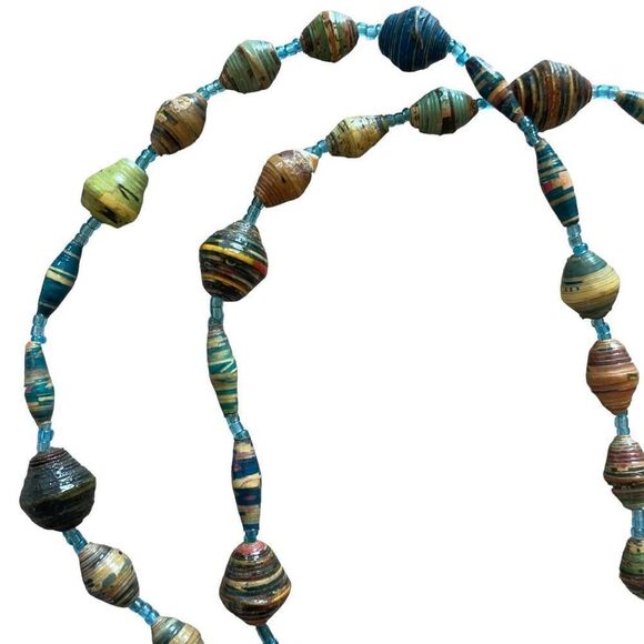 Paper Magazine Rolled Beaded Bead Artisan Blue Long Necklace Handcrafted - Picture 2 of 2